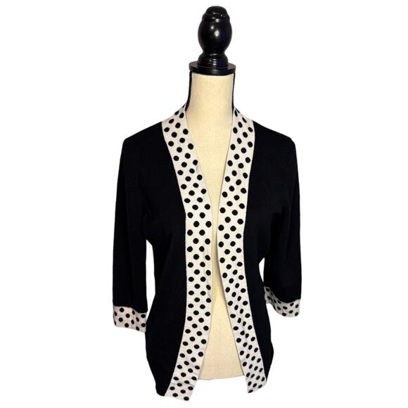 Designers Originals Open-Front Polka Dot Cardigan Sweater Size Large Black White - Picture 2 of 6